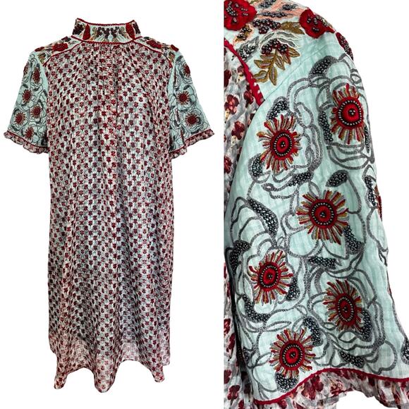 Anthropologie Dresses & Skirts - Anthropologie Bhanuni Floral Chateau Beaded Tunic Dress Size S Blue Embroidered